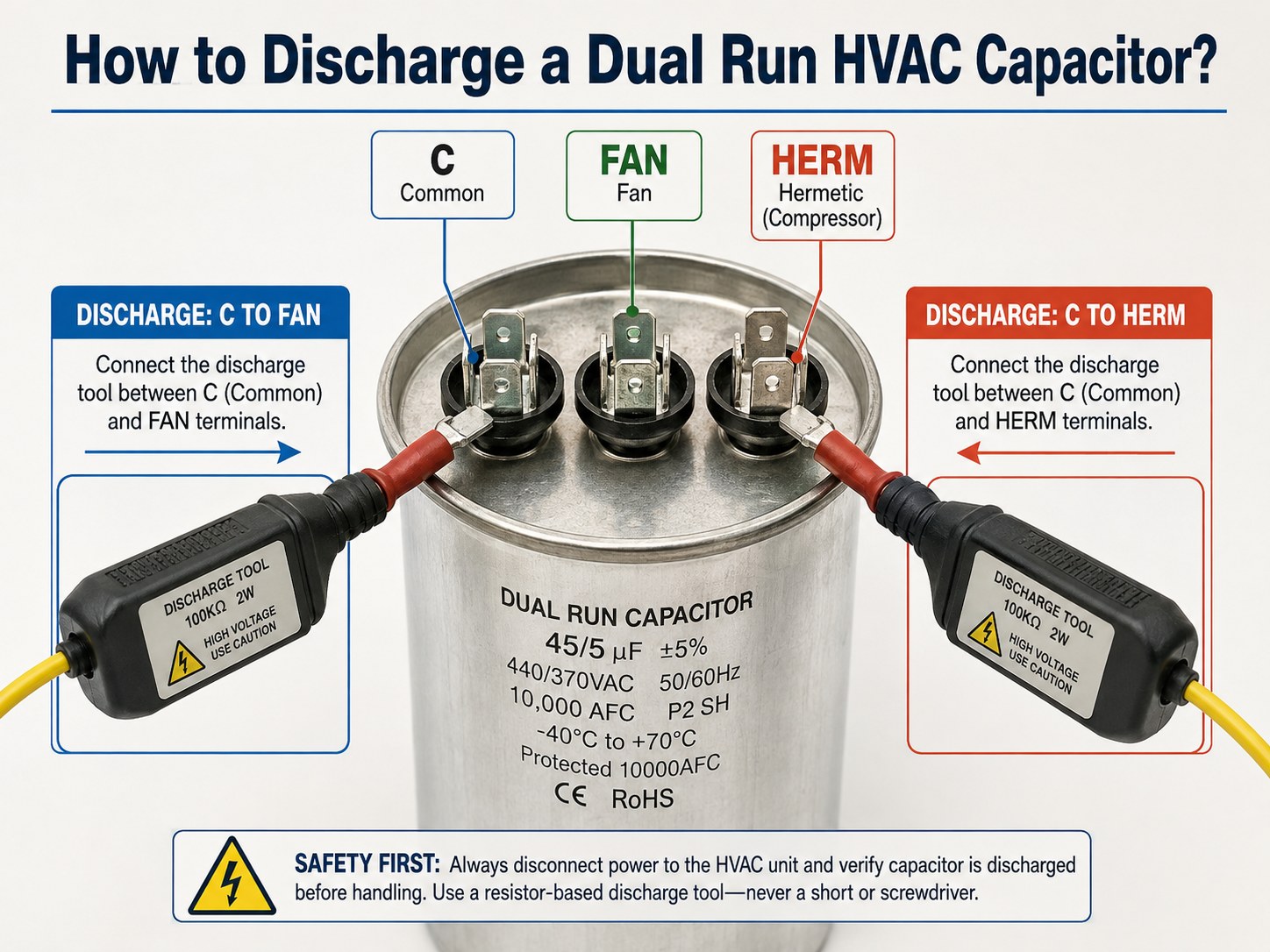 How to discharge a dual run HVAC capacitor across C to FAN and C to HERM terminals