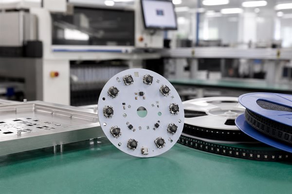 Driver monitoring IR LED aluminum PCB, assembled circular IR LED board at an electronics manufacturing workstation