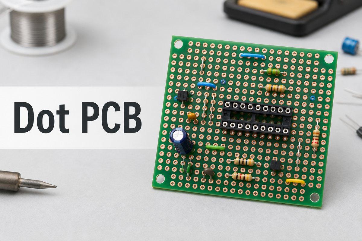 Dot PCB with isolated copper pads and through-hole electronic components