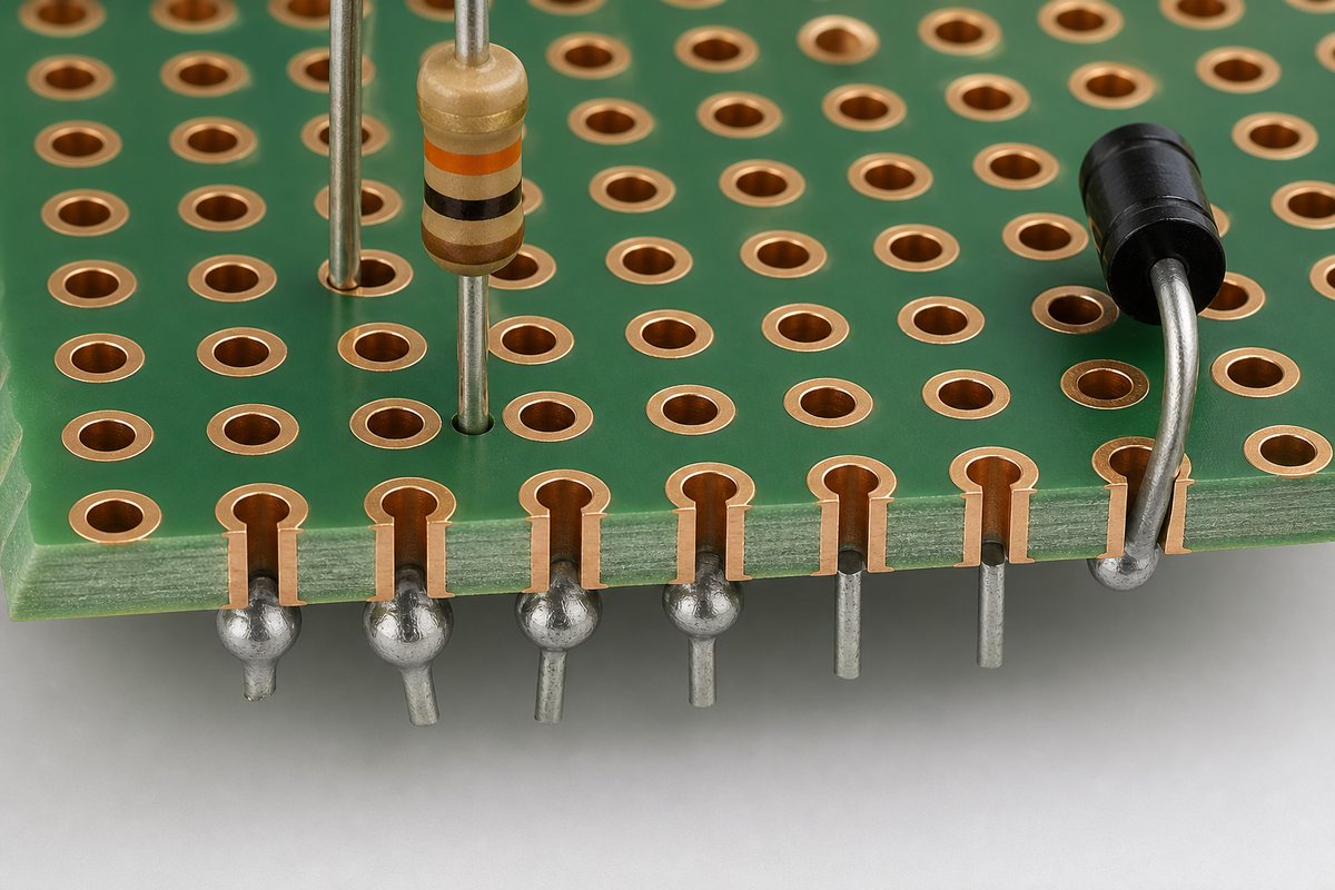 Close view of isolated copper pads and through-hole leads in a Dot PCB