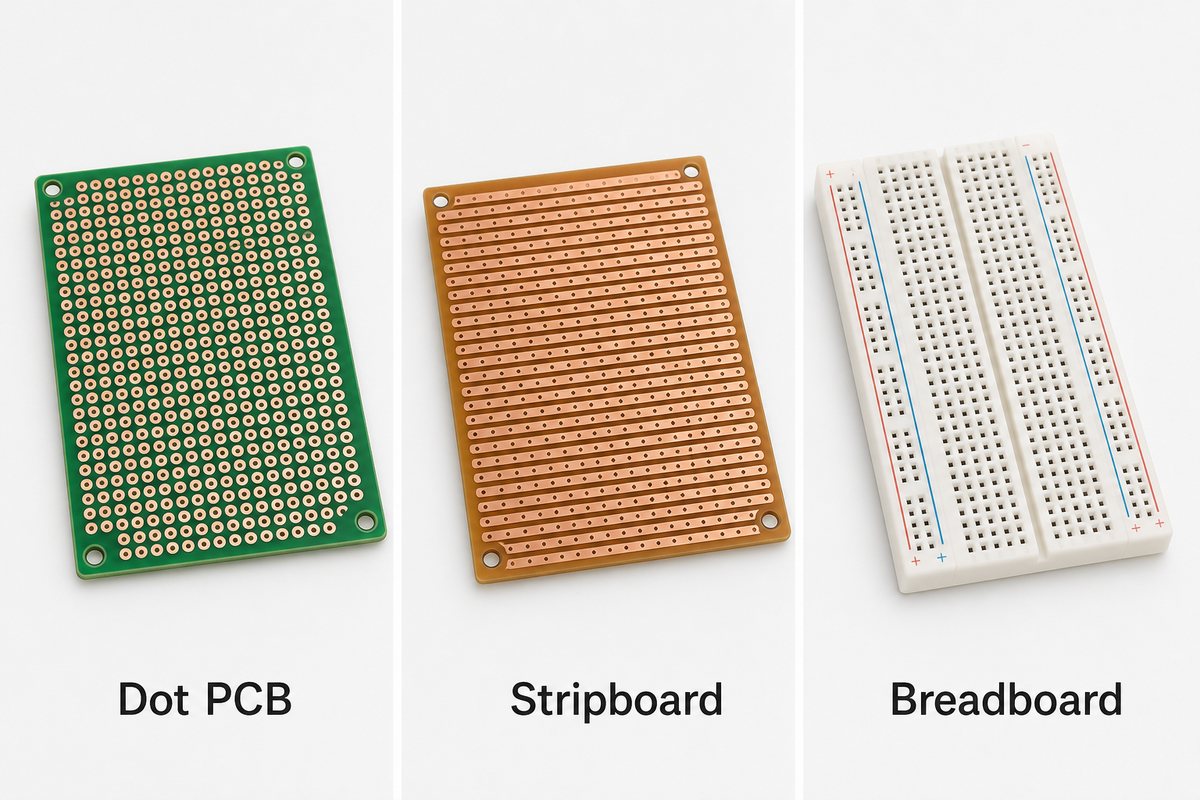 Dot PCB, stripboard and breadboard connection-pattern comparison