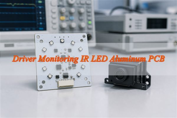 Driver monitoring IR LED aluminum PCB, aluminum-core IR emitter board beside an automotive DMS camera module