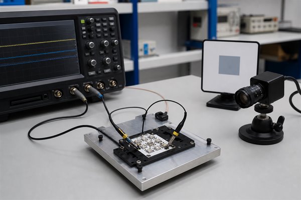 Driver monitoring IR LED aluminum PCB, pulse waveform and camera validation on a laboratory test fixture