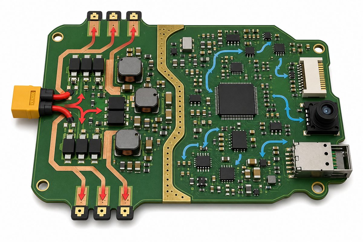 Drone PCB power-domain layout separating motor current from flight-control and optical circuits