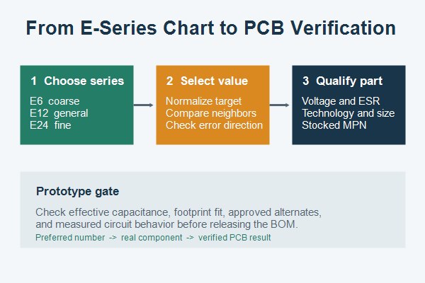 Selection diagram connecting E6, E12, and E24 value density with capacitor choice and PCB verification