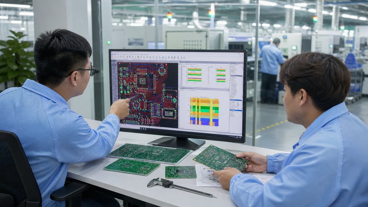 PCB engineers reviewing layout and stack-up files during DFM review