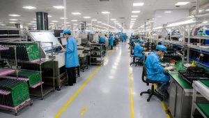 Wide view of PCB manufacturing workshop with operators and inspection benches