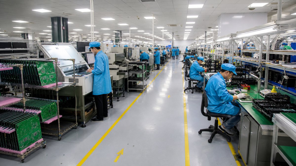 Wide view of PCB manufacturing workshop with operators and inspection benches