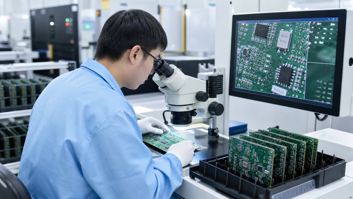 Engineer inspecting assembled printed circuit boards under microscope