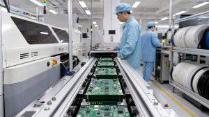 PCBA assembly line with populated circuit boards moving through production