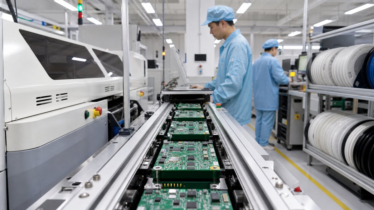 PCBA assembly line with populated circuit boards moving through production