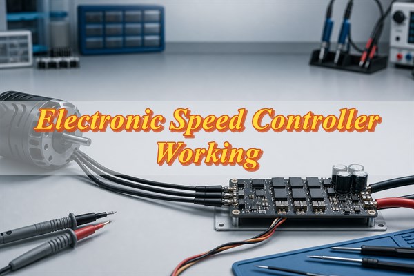 Electronic speed controller working principles shown by an ESC PCB connected to a brushless motor