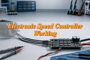 Electronic speed controller working principles shown by an ESC PCB connected to a brushless motor
