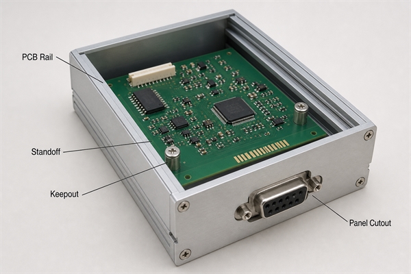 PCB rails standoffs mounting holes keepouts and panel cutout alignment