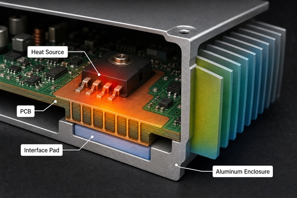 Thermal path from power component through PCB and interface pad to aluminum enclosure