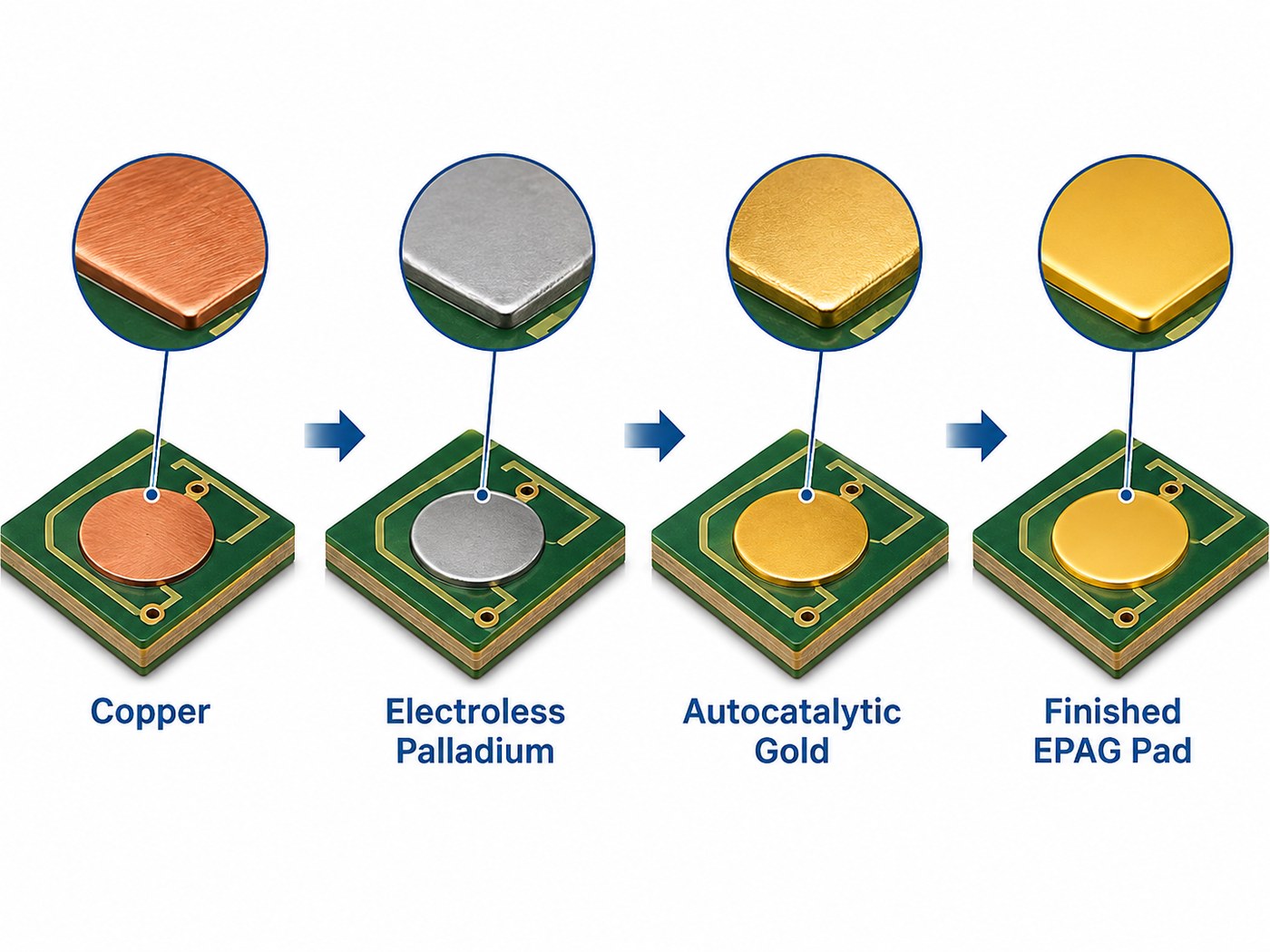EPAG PCB plating process from copper to electroless palladium and autocatalytic gold
