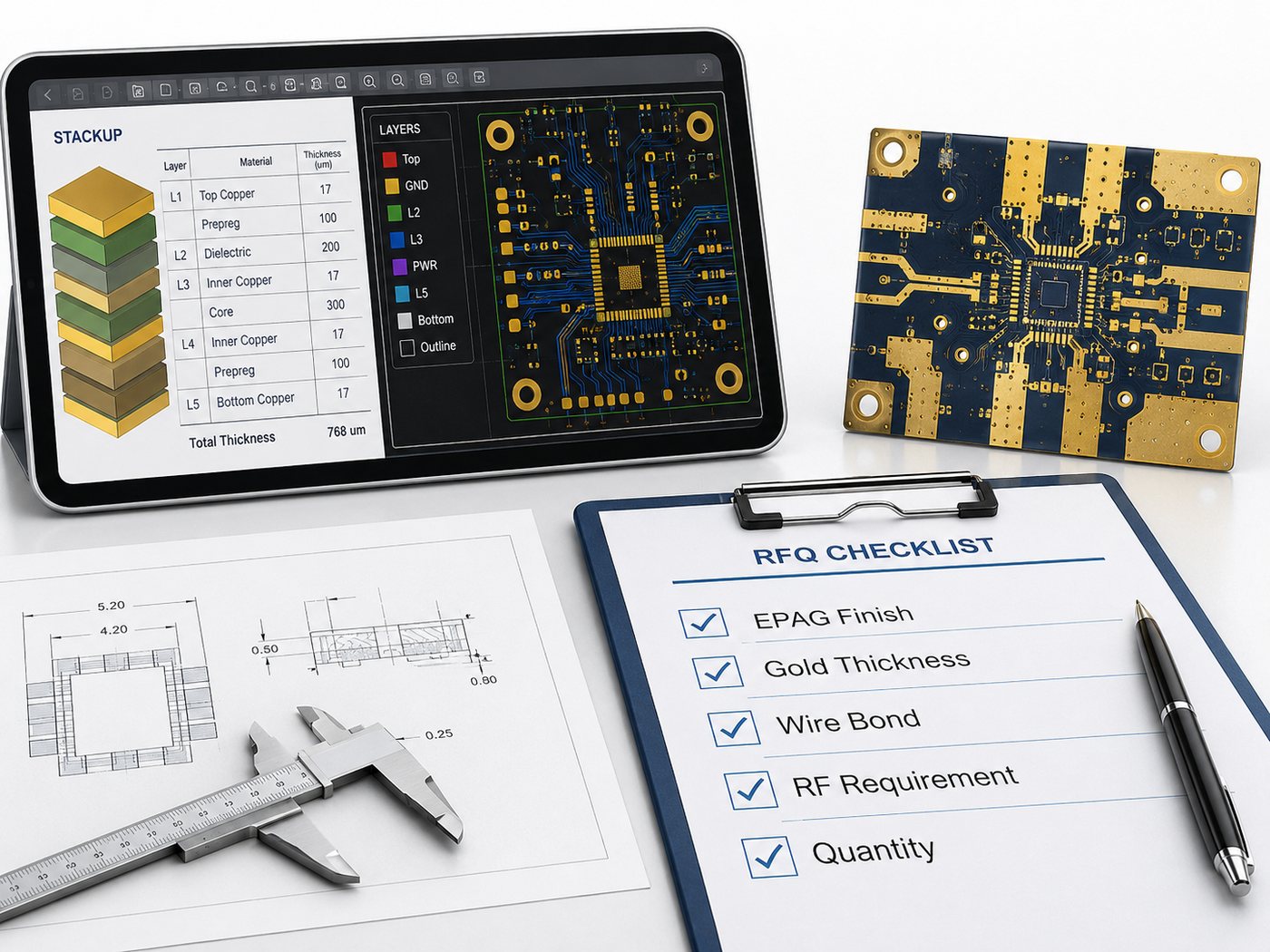EPAG PCB RFQ checklist with stackup, gold thickness, wire bond, RF requirement and quantity