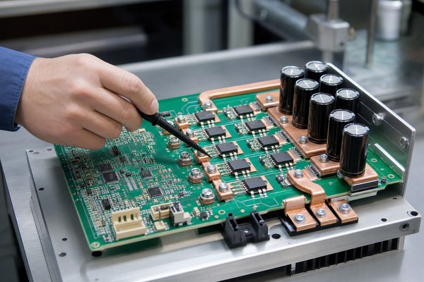 Engineer reviewing ESC voltage current timing and thermal paths on a power switching PCB