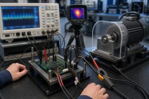Electronic speed controller verification bench with guarded motor, oscilloscope, current probe and thermal camera