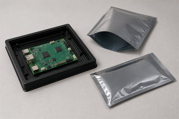 Assembled circuit board in a dissipative tray beside open and sealed ESD shielding bags