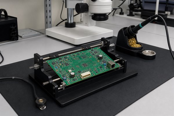 PCB secured in a grounded ESD-safe assembly and inspection workstation