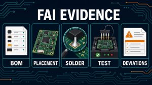 First article inspection evidence covering BOM placement solder test and deviations