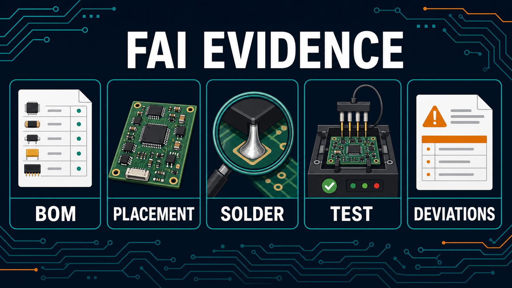 First article inspection evidence covering BOM placement solder test and deviations