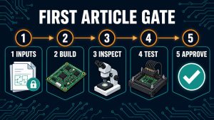 First article inspection gate from inputs and build through inspection test and approval