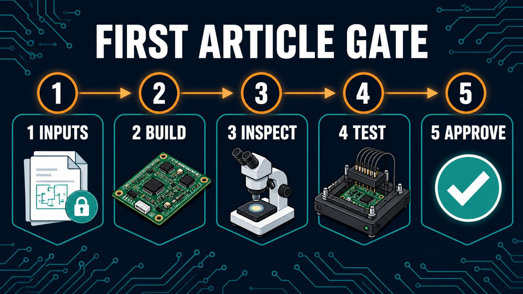 First article inspection gate from inputs and build through inspection test and approval