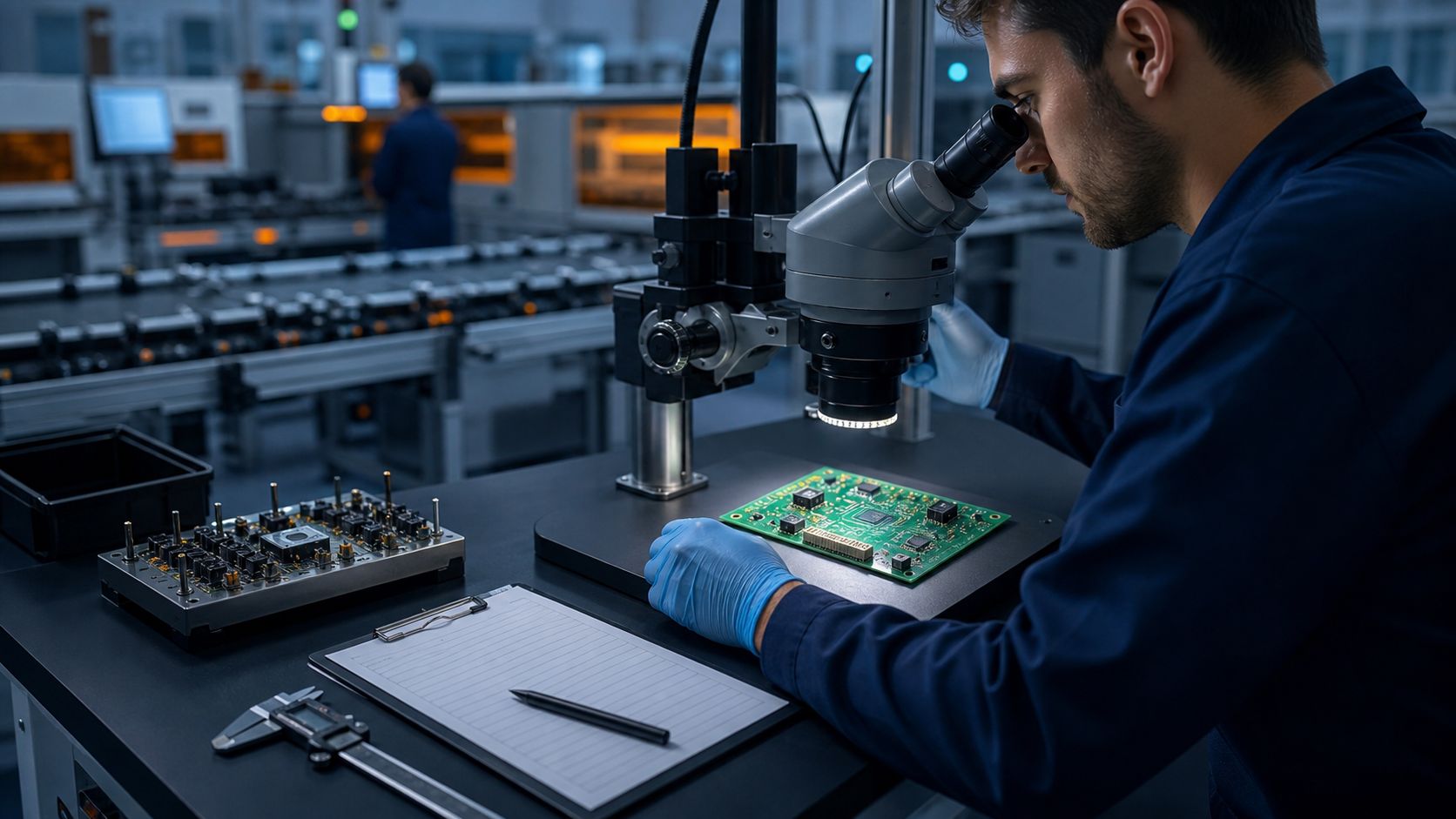 Engineer performing first article inspection on a newly assembled PCB