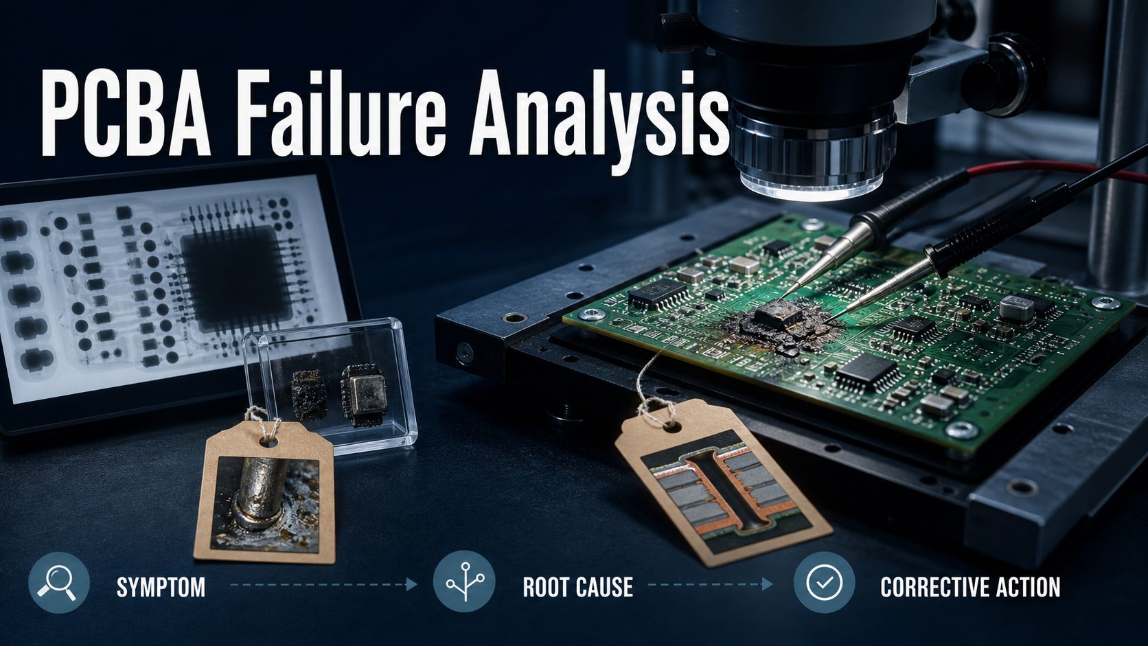 PCBA failure analysis flow from symptom through root cause to corrective action