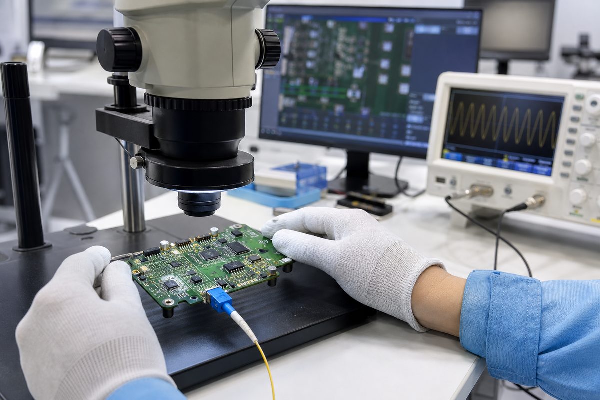 Inspection and electrical testing of a fiber optic drone PCBA