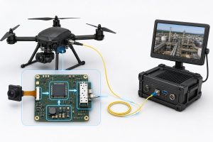 Fiber optic FPV system architecture showing the drone PCB, optical link, and ground unit