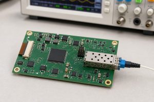 Close view of an FPV drone optical interface PCB with transceiver and controlled routing