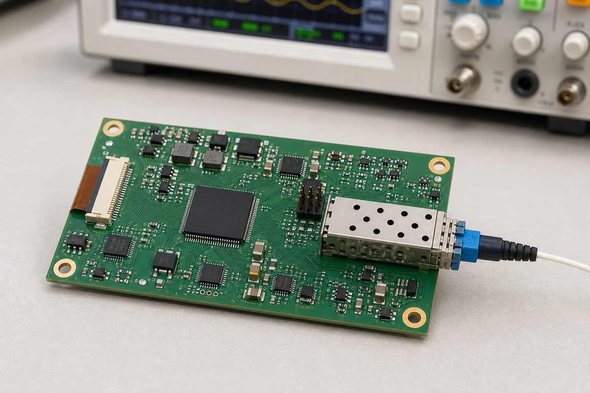 Close view of an FPV drone optical interface PCB with transceiver and controlled routing