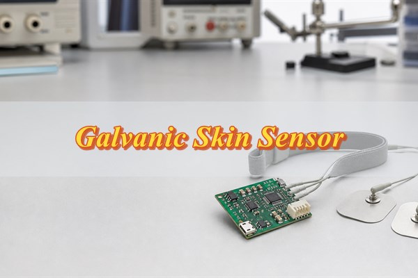 Galvanic skin sensor PCB with two wearable skin-contact electrodes on a laboratory bench