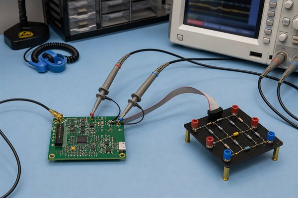 Galvanic skin sensor PCB connected to probes and a resistor-capacitor validation fixture