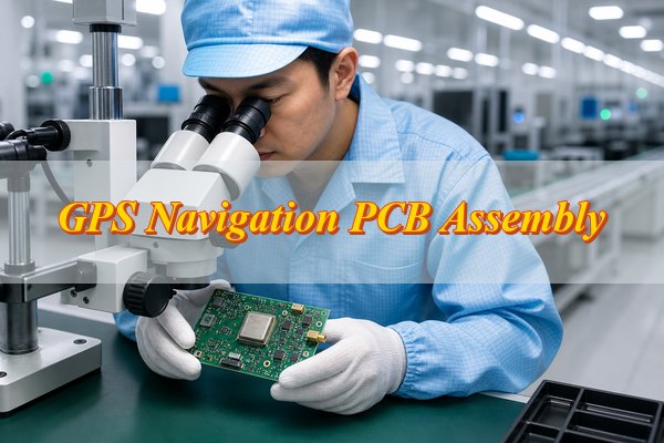 GPS navigation PCB assembly, engineer inspecting a GNSS navigation PCBA under a microscope