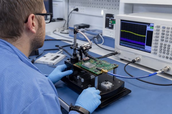 GPS navigation PCB assembly, engineer testing a navigation PCBA in a fixture