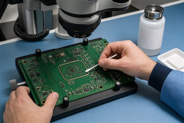 Cleaning the exposed copper area around a PCB guard ring under a microscope