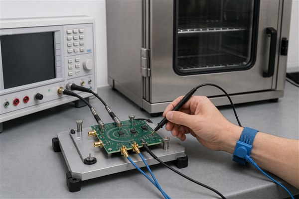 Testing a guard ring PCB prototype with shielded leads near an environmental chamber