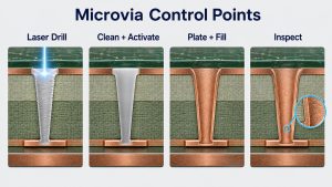 Conceptual microvia control points for laser drilling cleaning activation copper plating filling and inspection