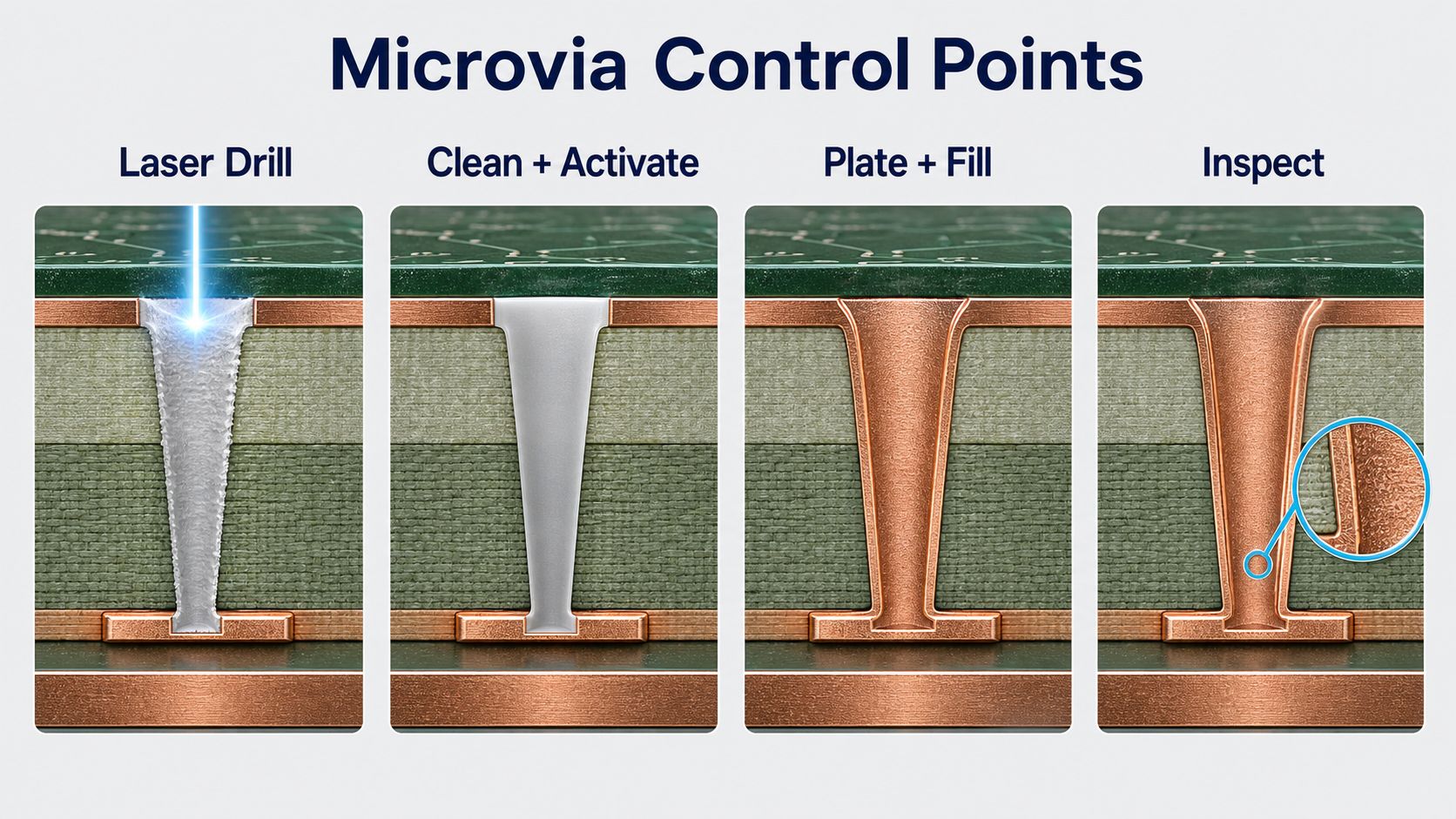 Conceptual microvia control points for laser drilling cleaning activation copper plating filling and inspection