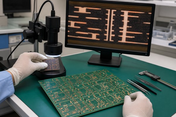 HDI PCB manufacturers in USA, microscope inspection of an HDI PCB panel and microvia coupon