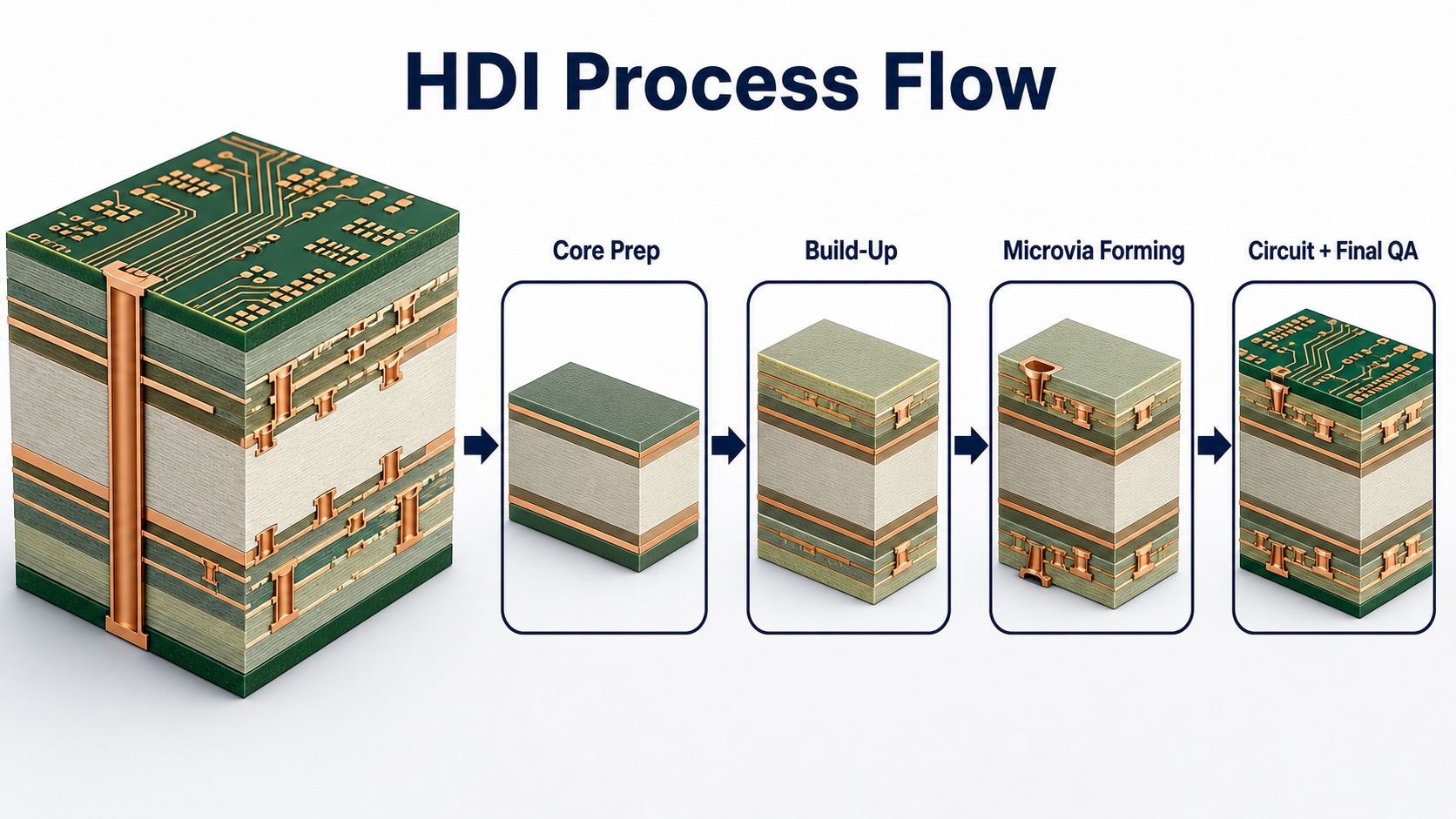 Conceptual HDI PCB process flow from core preparation through build-up microvia formation and final quality checks