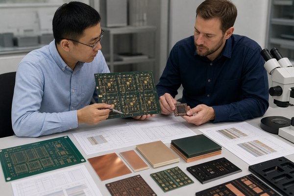 HDI PCB manufacturers in USA, engineers reviewing HDI PCB samples and RFQ evidence