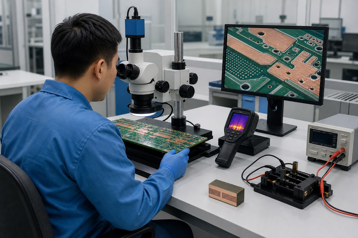 Quality engineer inspecting a heavy copper battery PCB with microscopy and thermal test equipment