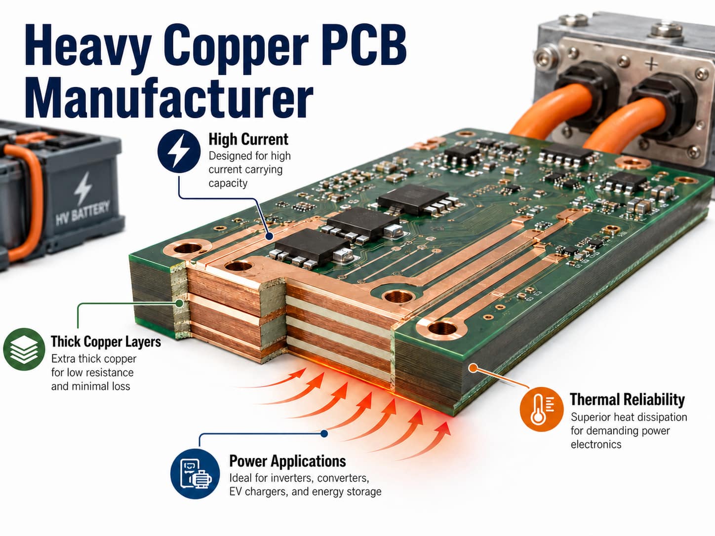 Heavy copper PCB with thick copper layers for high-current power applications