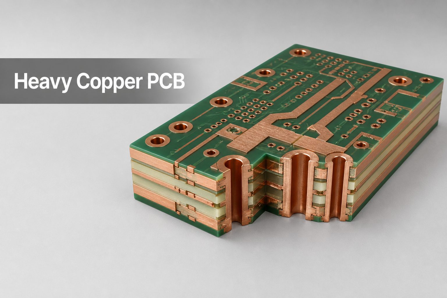 Heavy copper PCB cutaway with thick copper layers and plated through holes