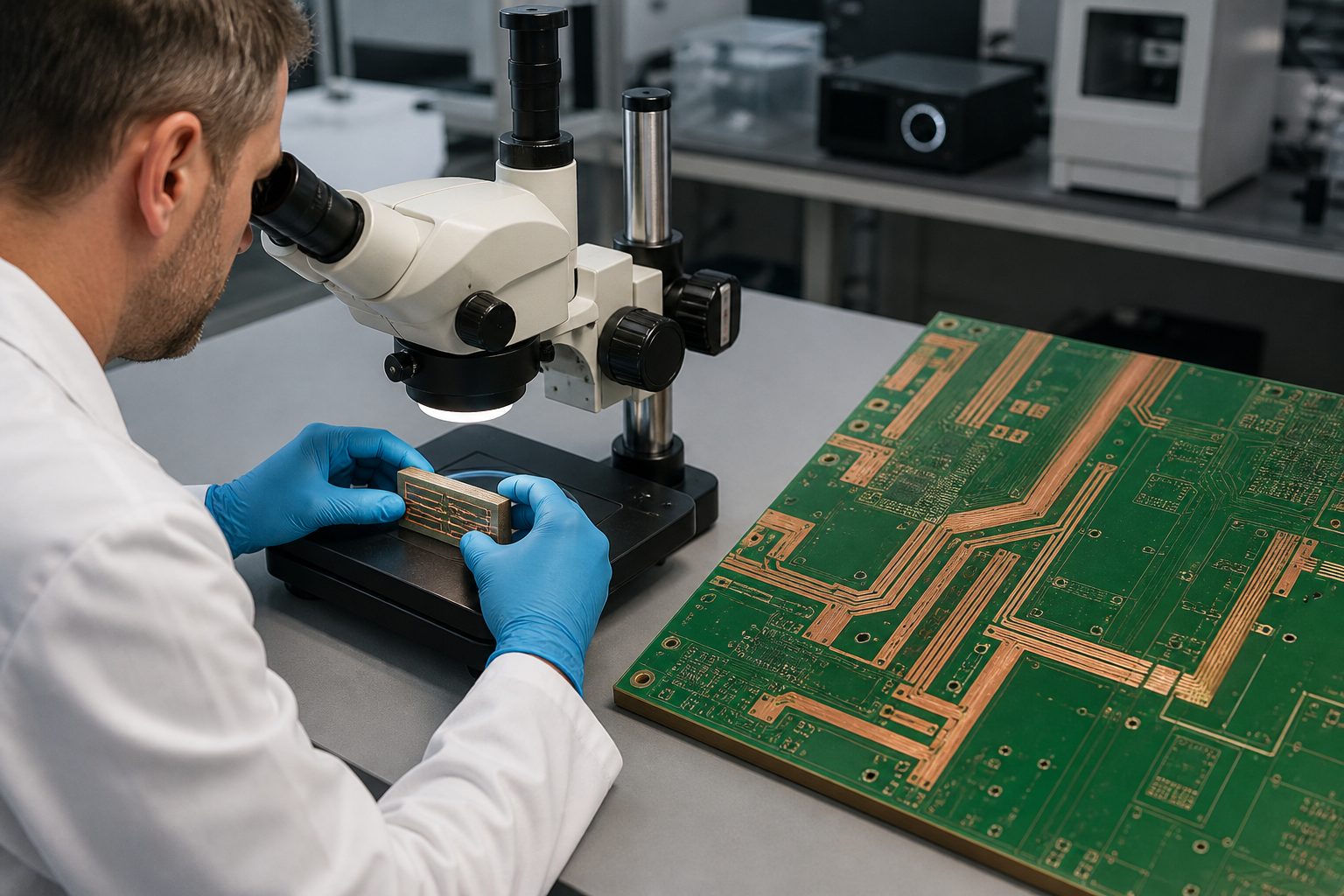 Heavy copper PCB and polished cross-section coupon under microscope inspection